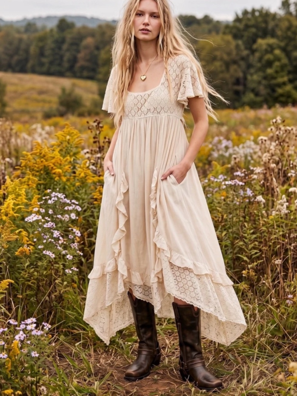 Free People Bring the Romance Handkerchief Hem Maxi Dress Lace Romance Boho